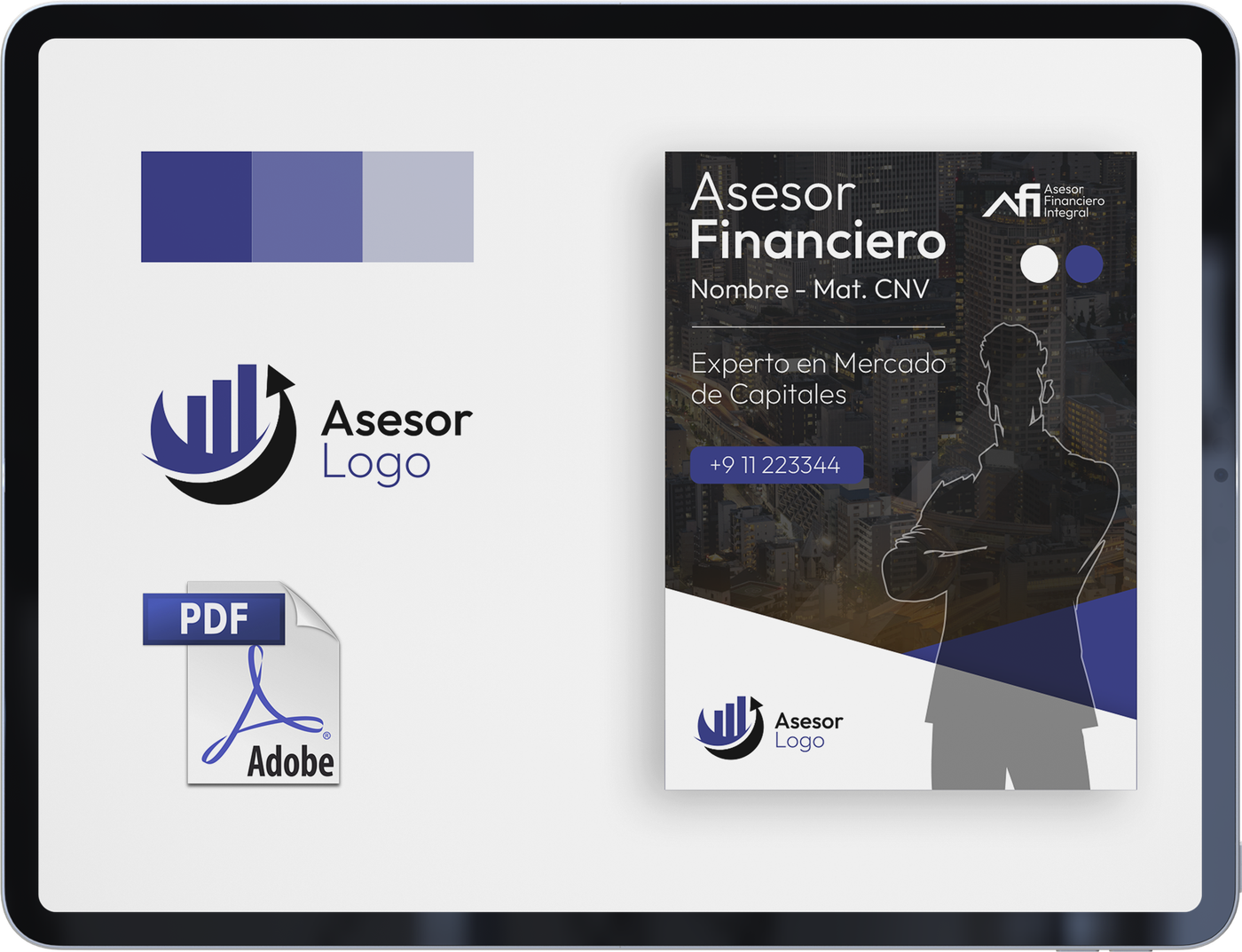 Tablet mostrando el kit de marca personal: logo, paleta de colores, guía en PDF y flyer personalizado