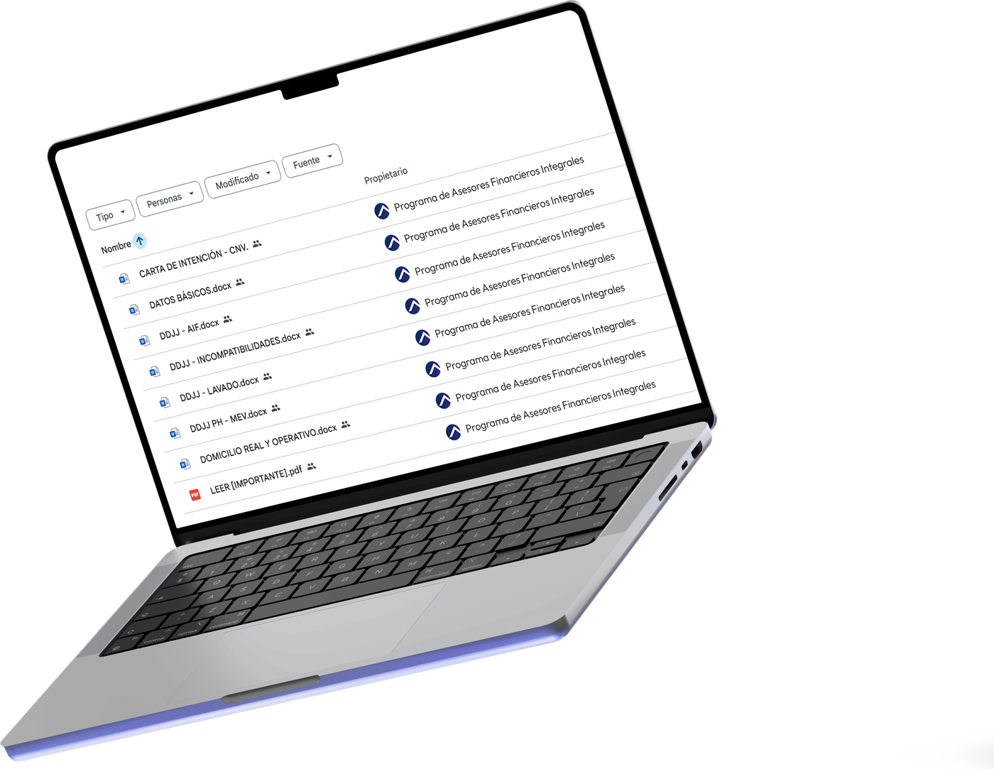 Laptop mostrando el listado de documentación para matricularte